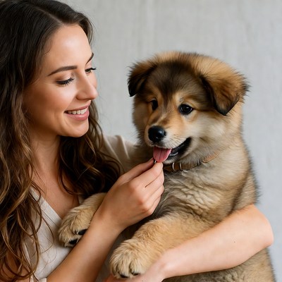 Woman holding cute puppy