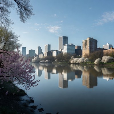 City skyline reflected in river with cherry blossoms