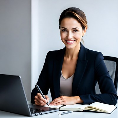 Woman writing in notebook at desk