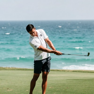 Asian man swinging golf club seaside