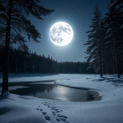 Full Moon Over Snowy Pine Forest Lake