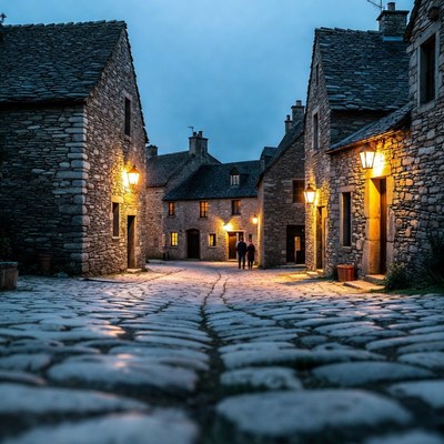Cobblestone Alley in Stone Village at Night