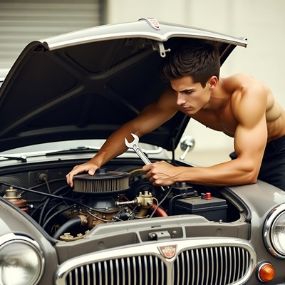 Shirtless man repairing classic car engine