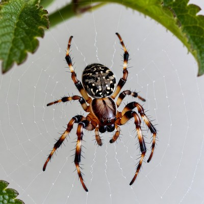 Orange spider on web with leaves