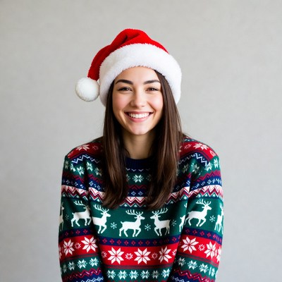Woman smiling in Santa hat and reindeer sweater