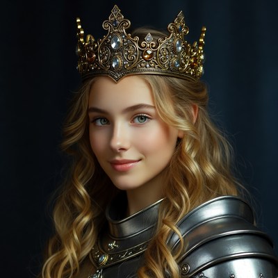 Blonde Woman in Golden Crown and Armor