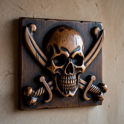 Wooden Carved Pirate Skull and Crossed Swords