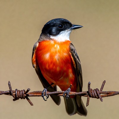 Scarlet Flycatcher perched on barbed wire