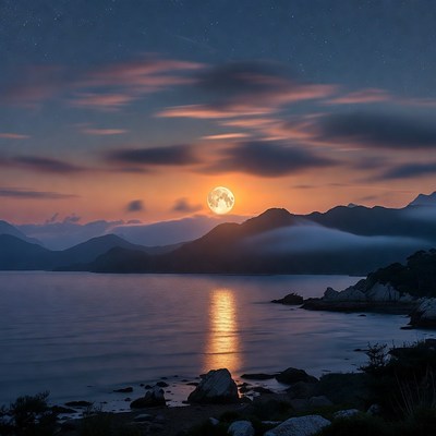 Full Moon Over Mountains and Lake
