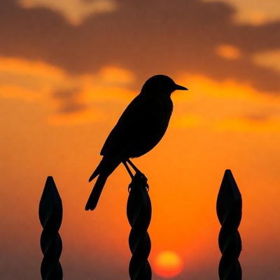 Silhouette bird on fence at sunset