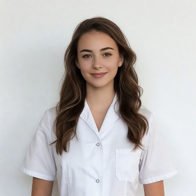 Young woman in white lab coat