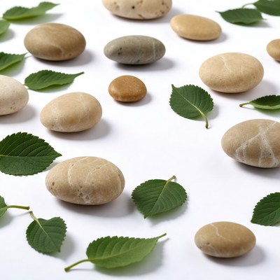 Smooth Pebbles and Green Leaves