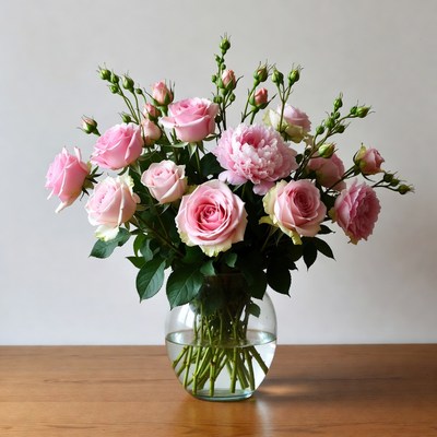 Pink Roses Bouquet in Glass Vase
