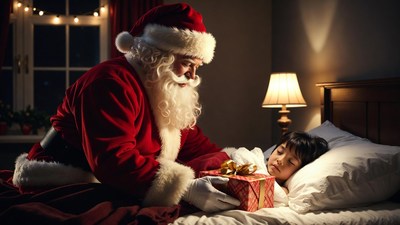 Santa Claus giving gift to sleeping Asian boy