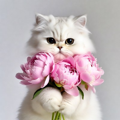 White Persian Cat Holding Pink Peonies
