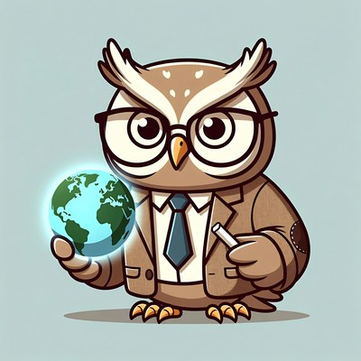 Owl holding globe in suit