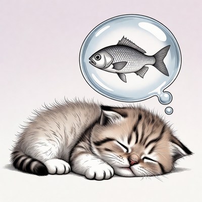Sleeping kitten dreaming of fish