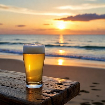 Beer Glass on Beach at Sunset