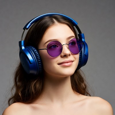 Woman wearing blue headphones purple sunglasses