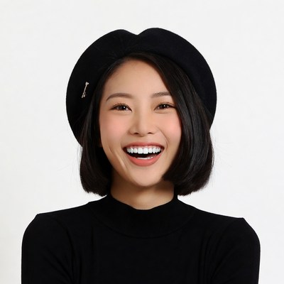 Asian woman smiling in black beret