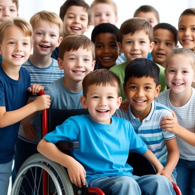 Diverse children smiling with boy in wheelchair