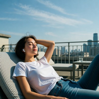 Asian woman relaxing on rooftop lounge chair