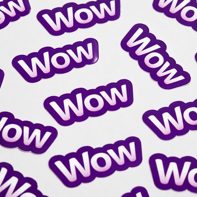 Purple WOW Stickers on White Background
