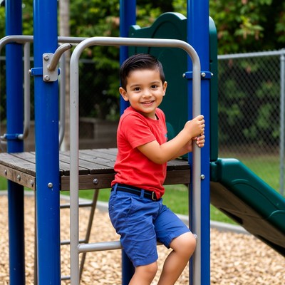 Latino boy climbing playground ladder
