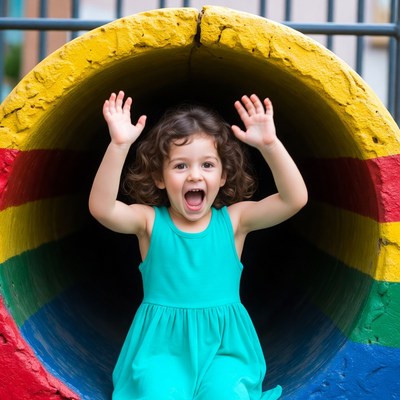 Girl Excited in Yellow Playground Tunnel