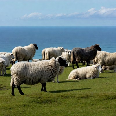 Sheep grazing on green cliff by ocean