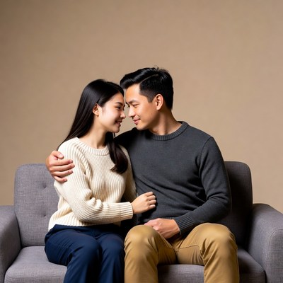 Asian couple cuddling on couch
