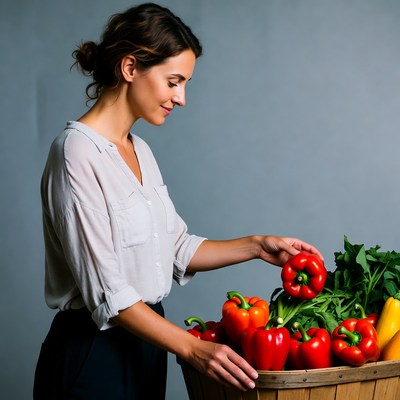 Woman picking red pepper from basket