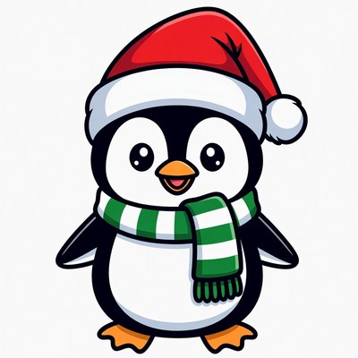 Cute Penguin Wearing Santa Hat Scarf