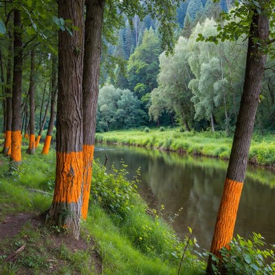 Orange-painted trees by forest river