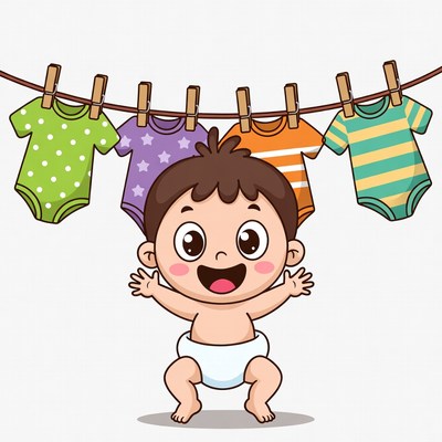 Baby under colorful hanging baby clothes