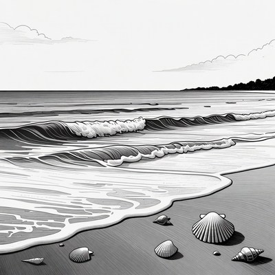 Seashells on beach with waves