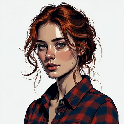Redhead woman in plaid shirt