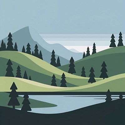 Minimalist Mountains with Lake and Trees