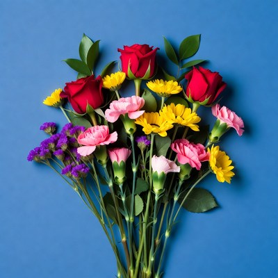 Colorful Roses Bouquet on Blue Background