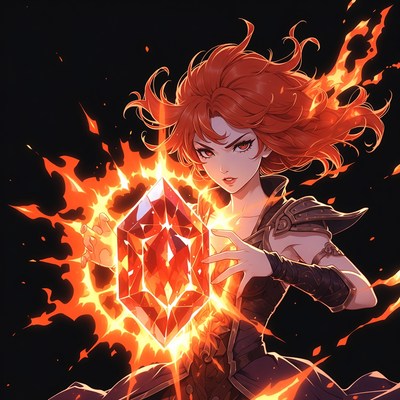 Anime girl holding fiery red crystal