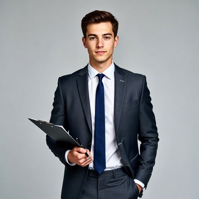 Young man in suit holding clipboard