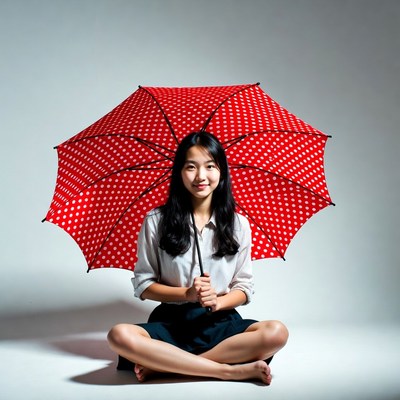 Asian girl holding red polka dot umbrella