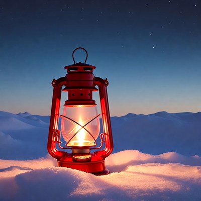 Red Lantern on Snowy Night