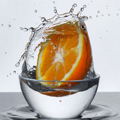 Orange Slice in Splashing Water Glass