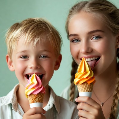 Boy and girl eating ice cream cones