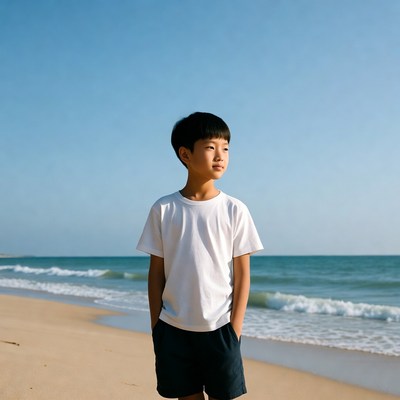 Asian boy standing on beach