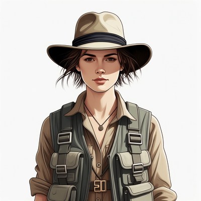 Woman in safari vest and hat