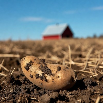 Potato on farm field with red barn