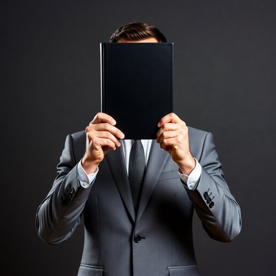 Man hiding behind book in suit