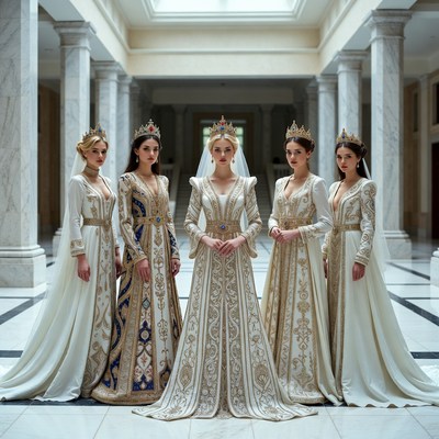Five women in crowns and gowns